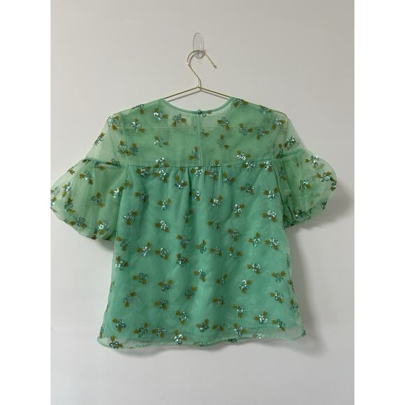 NWT ANthropologie Organza Beaded Top Sabine Green Embroidery Crop Sz 2 Puff - Picture 7 of 11